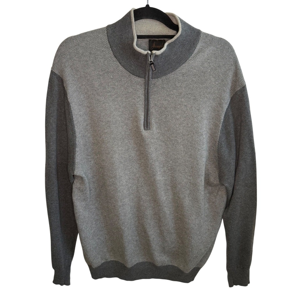 Jos A Bank Joseph Men's Large Gray Cotton Cashmere 1/4 Zip Sweater Elbow Patches